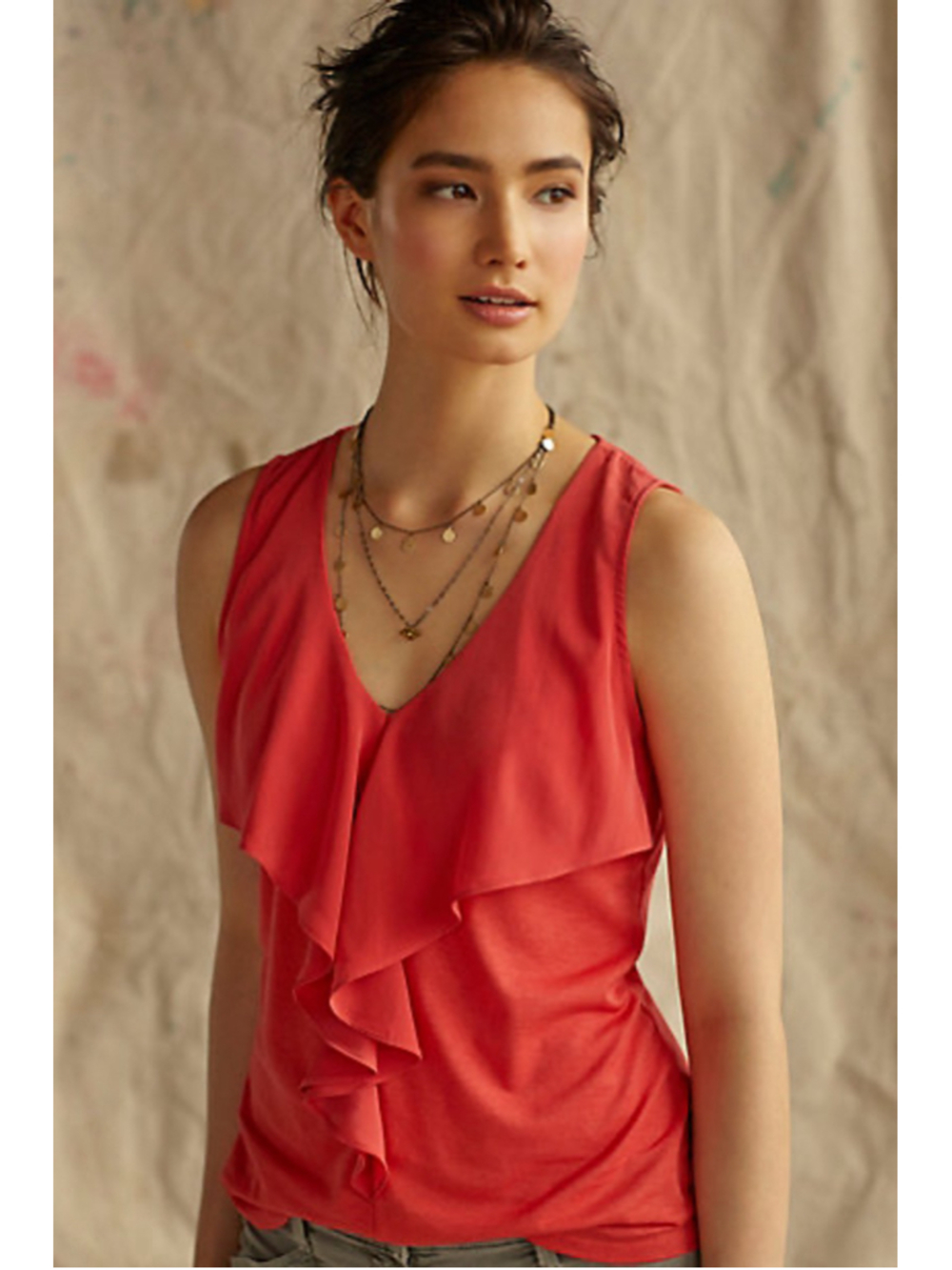 Women's Deletta for Anthropologie Coral colored Ruffle Front Tank Top Size M